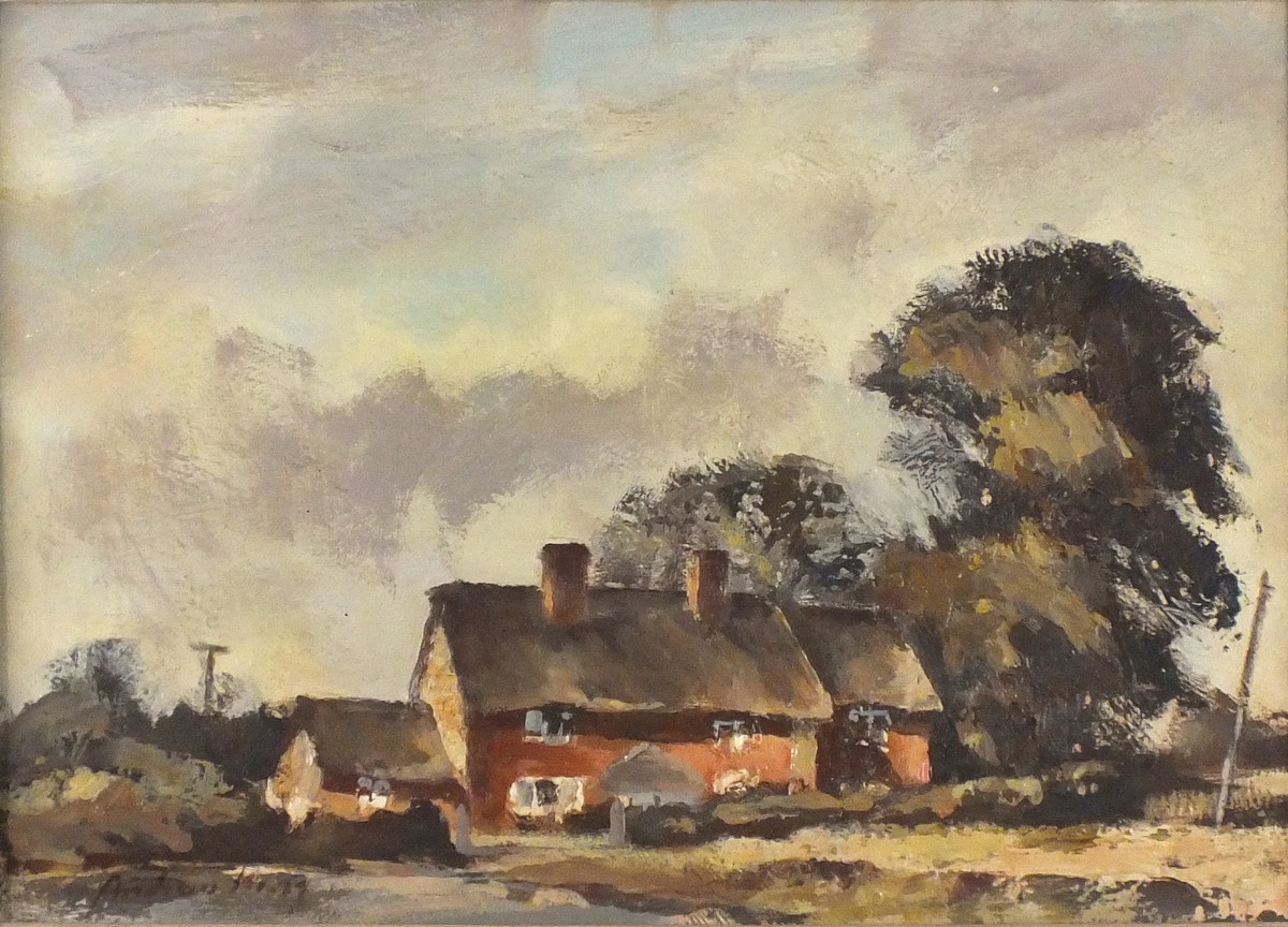 Andrew KING (British b.1956) English Elm Tree & Thatched Cottages in a Bedfordshire Landscape nr