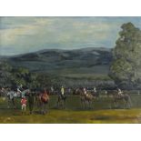 20th Century British School, 'Paddock Scene' - Racehorses and Jockeys before the Race, Oil on canvas