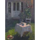 Jackie WILLIAMS (British b.1962) 'A Garden Table laid for Tea, Oil on canvas, Titled on label verso,