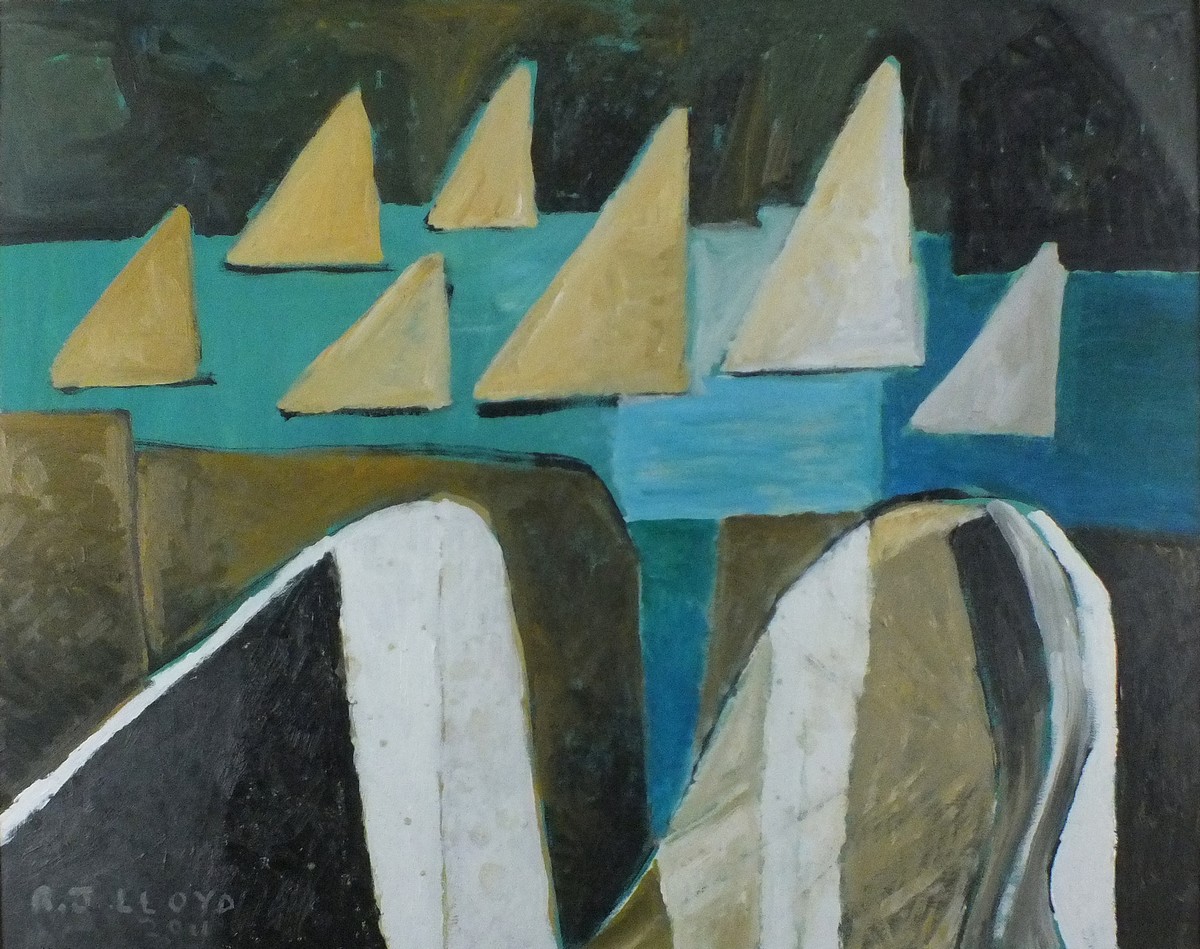 Reginald James LLOYD (British b.1926) 'Deep Channel' - Figures looking out to Boats at Sea, Oil on