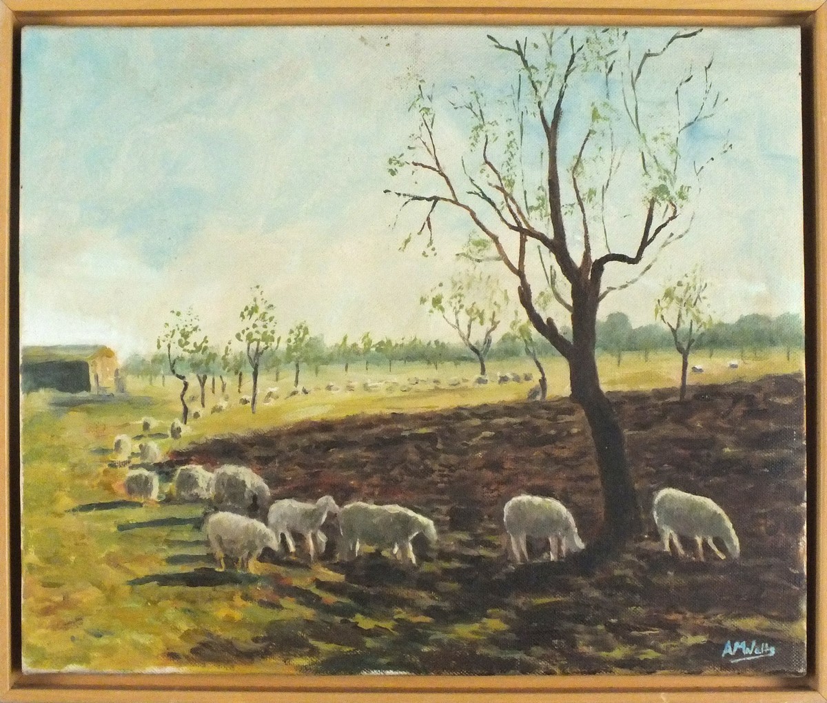 Andrew WATTS (British b. 1947) Sheep - Majorca, Acrylic on canvas, Signed lower right, 13" x 16" ( - Image 2 of 2