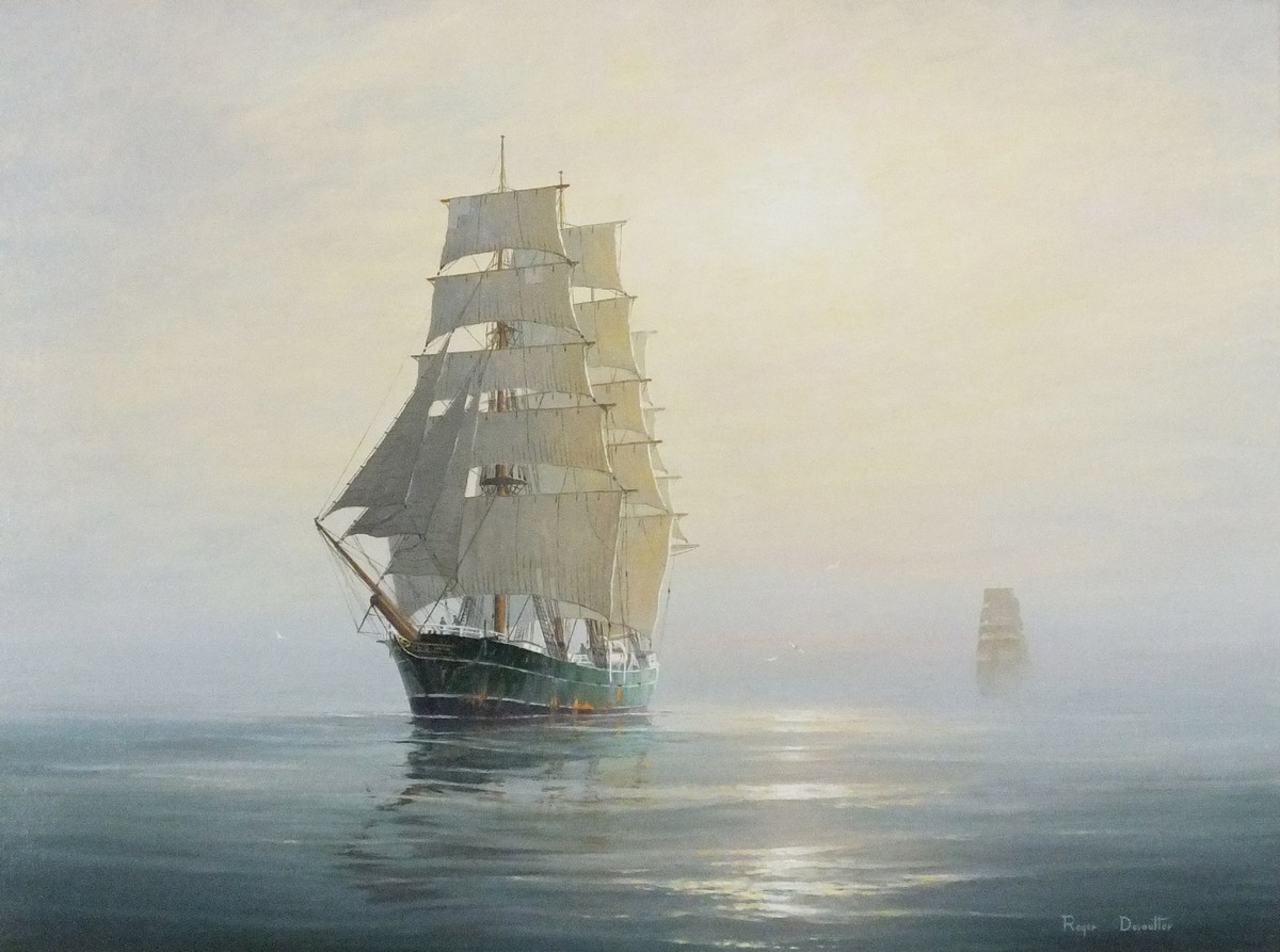 Roger Charles DESOUTTER (American b.1923) Becalmed off Start Point, Oil on canvas, Signed lower