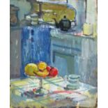 Pat ALGAR (British 1939 - 2013) Still Life with Fruit and Cornishware Jug in a Kitchen Interior, Oil