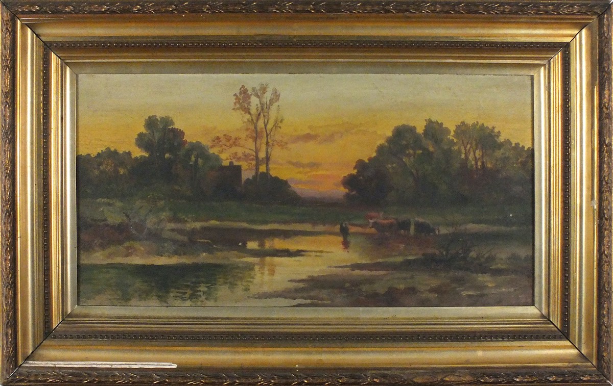 Late 19th Century British School Cattle at a Ponds Edge - Evening, Oil on canvas, 9.5" x 19.75" ( - Image 2 of 2