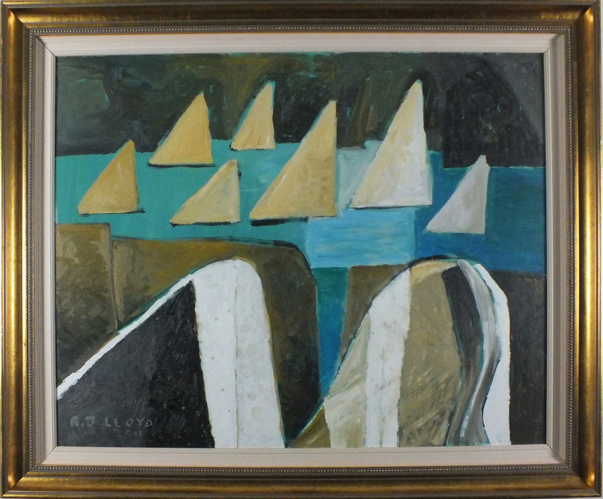 Reginald James LLOYD (British b.1926) 'Deep Channel' - Figures looking out to Boats at Sea, Oil on - Image 2 of 3