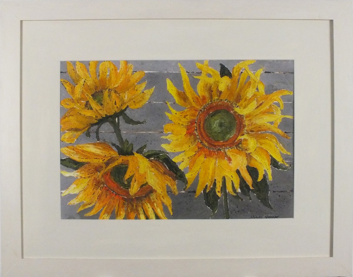 Minou STEINER (Anglo French 1940-2008) Sunflower Heads against a Fence, Oil, Signed lower right, - Image 2 of 3