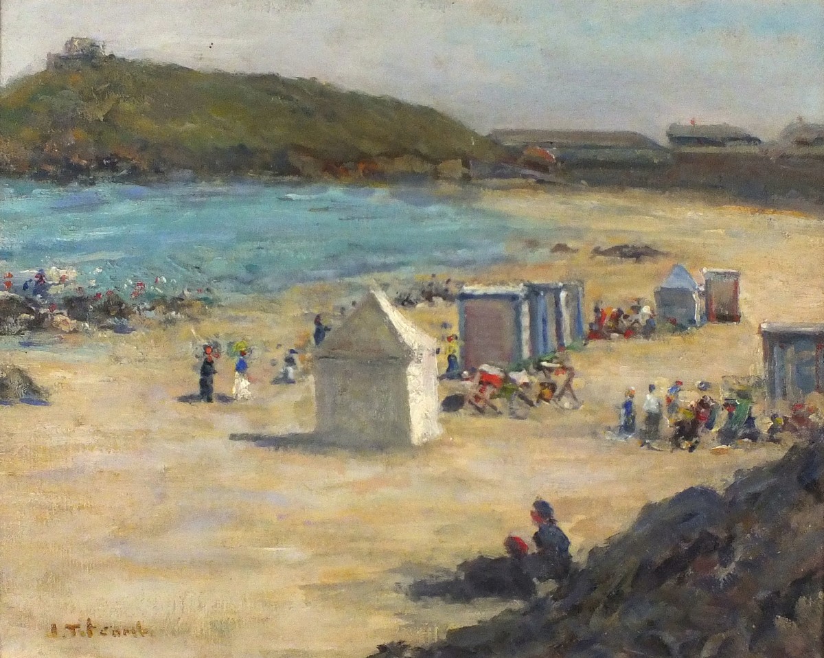 John Henry TITCOMB (British 1863-1952) Figures by Bathing Huts, Porthmeor Beach, St.Ives, Oil on