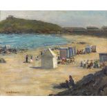 John Henry TITCOMB (British 1863-1952) Figures by Bathing Huts, Porthmeor Beach, St.Ives, Oil on