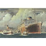 Derrick SMOOTHY (British 1923 - 2009) MV Britannic with Tugs in Attendance, Watercolour, Signed