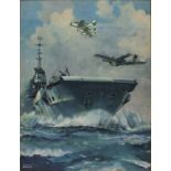 Derrick SMOOTHY (British 1923 - 2009) HMS Ark Royal Flying off Fairy Gannets, Watercolour and