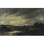 19th Century Barbizon School, Figure Crossing a Bridge in an Extensive Landscape, Oil on canvas,