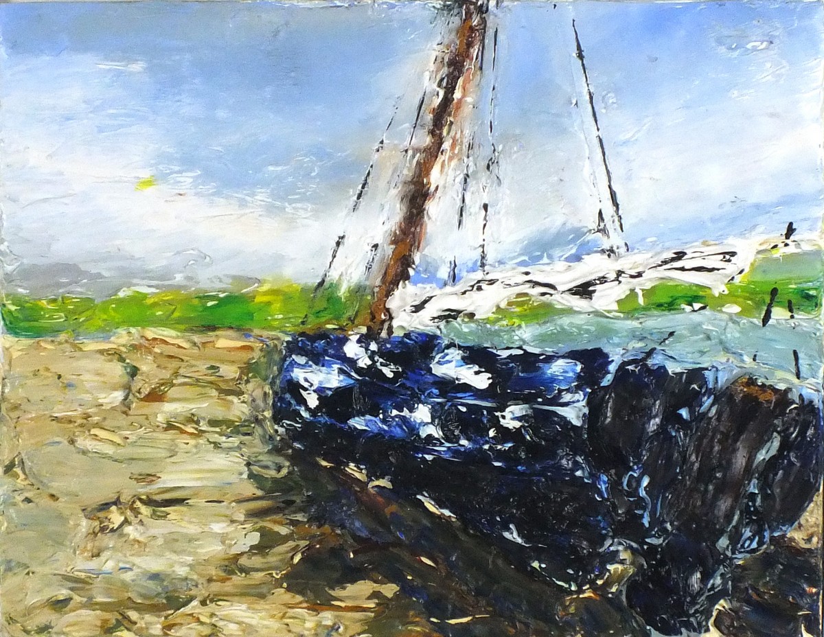 Brom IRWIN (British b.1962) 'Boat on Porthilly II', Oil on board, Titled, signed & dated 2016 verso,