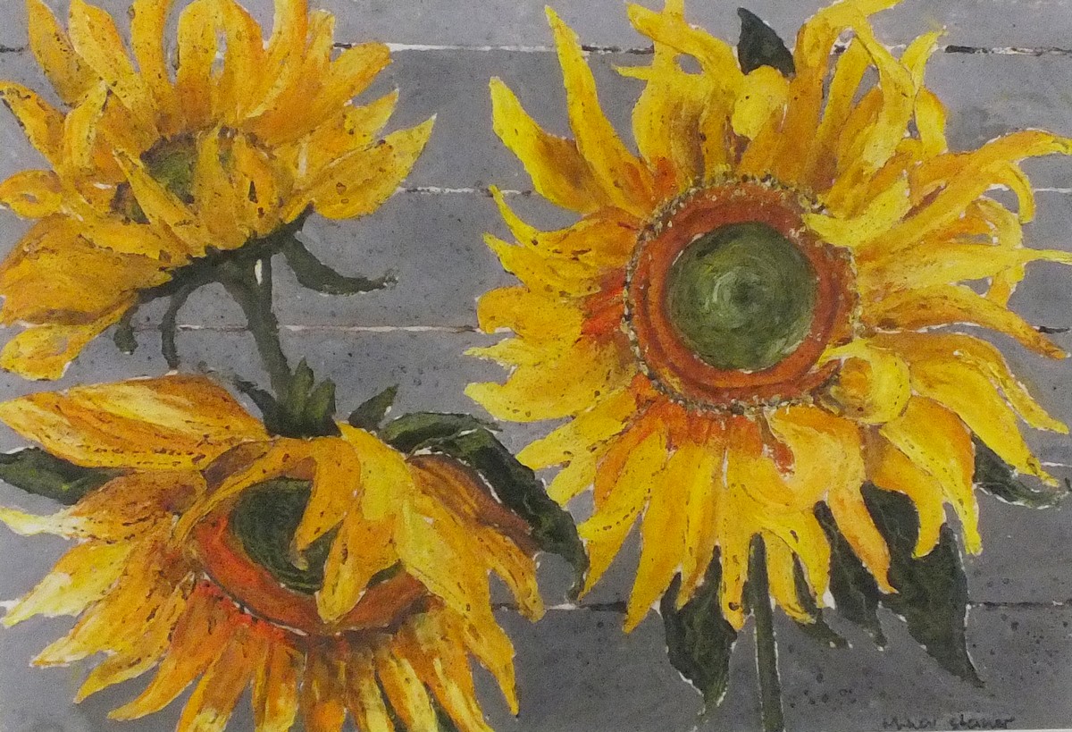 Minou STEINER (Anglo French 1940-2008) Sunflower Heads against a Fence, Oil, Signed lower right,