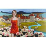 Lee WOODS (British b.1964) Shepherdess with her Flock, Acrylic on board, Signed lower right, 30" x