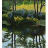 Charles SUMMERS (British b.1945)  Reflections - Irises on the edge of a Pond, Oil on board,