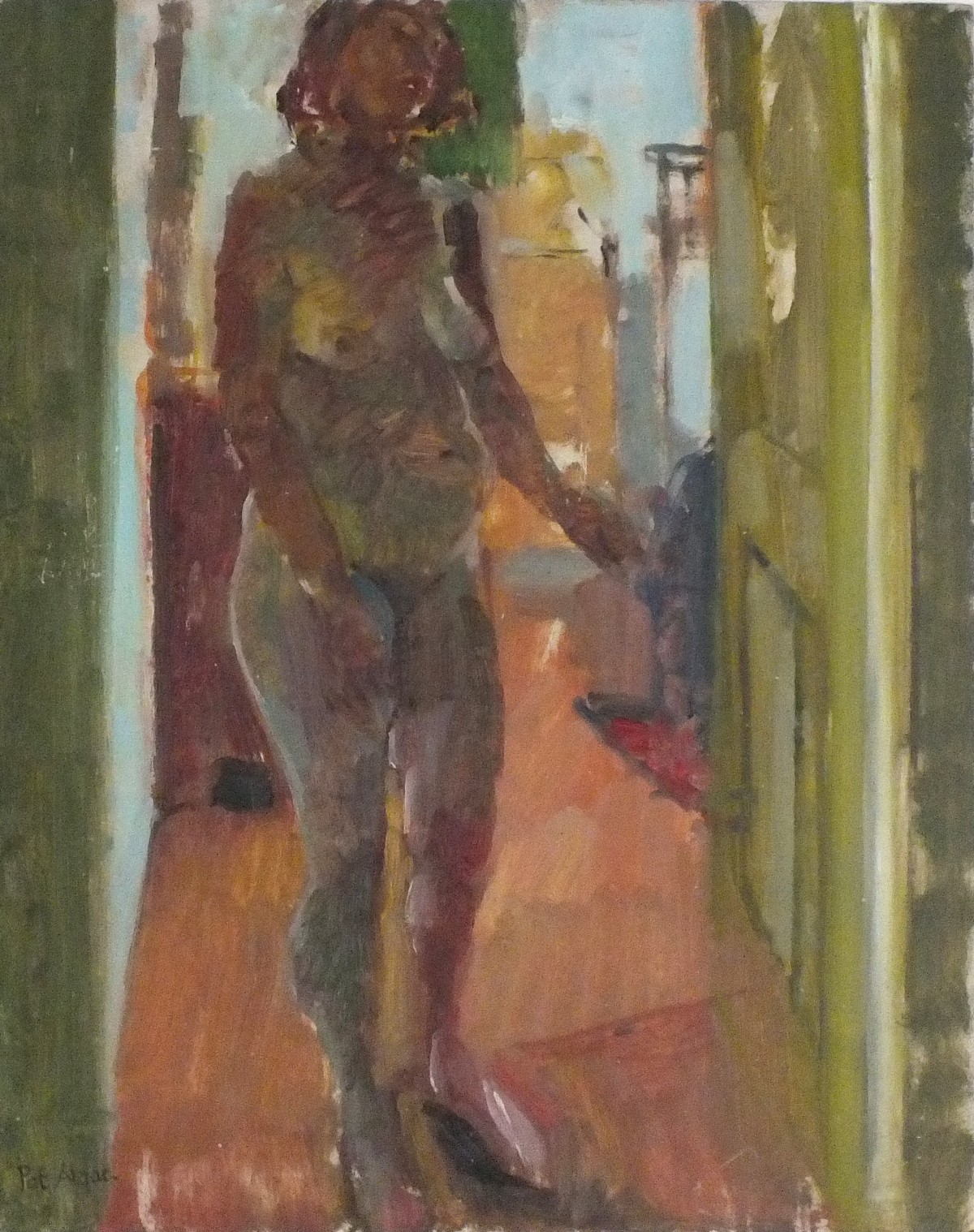 Pat ALGAR (British 1939 - 2013) Standing Female Nude - Wesley Place, Oil on board, Signed lower