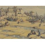 Stanley SMITH (British 1893 - c.1981) 'St. Ives' - Figures on the Harbour Beach, Watercolour, Signed