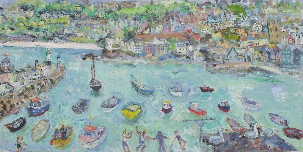 Linda WEIR (British b.1949) 'Girls Dancing & Beautiful Headland, St. Ives Harbour', Oil on canvas,