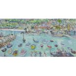 Linda WEIR (British b.1949) 'Girls Dancing & Beautiful Headland, St. Ives Harbour', Oil on canvas,