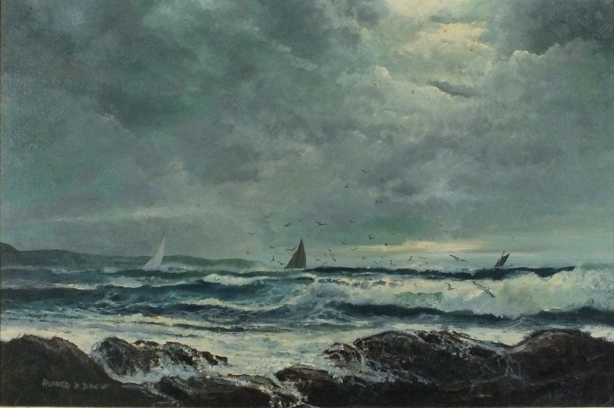 Alfred DREW (British 1926-2002) Sailing Vessels in Rough Seas, Oil on canvas board, Signed lower