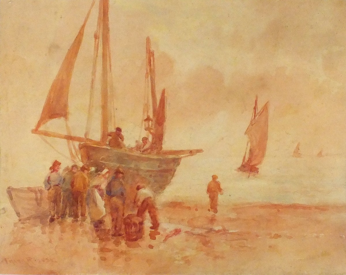 Frank ROUSSE (British act.1894-1917) Unloading the Catch, Watercolour, Signed lower left, 9.25" x