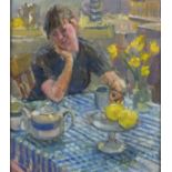 Pat ALGAR (1939-2013) 'Alice in the Kitchen', Oil on board, Signed lower right, Titled & signed