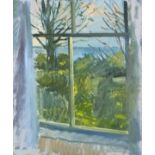 Pat ALGAR (British 1939-2013) View through a window to the Artist's Garden, Oil on board, Bears