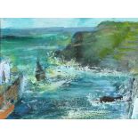 Roy DAVEY (British b.1946) 'Portreath Harbour Entrance', Acrylic on canvas, Signed on reverse of the