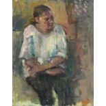 Pat ALGAR (British 1939 - 2013) Portrait of a young Woman (seated), Oil on board,  Signed lower