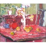 Pat ALGAR (British 1939-2013) Red Still Life - Ensemble of Apples, Vase of Flowers, Tea Pot, Cup &