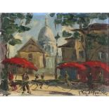 20th Century French School Street Scene with a View of Montmartre, Oil on canvas, Indistinctly