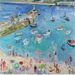 Linda WEIR (British b.1949) Fun in the Sun St Ives August '06, Oil on canvas, Signed with initials