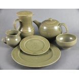 Leach Pottery St Ives celadon standard ware tea service, comprising teapot, coffee pot, milk jug,