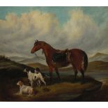 William E POWELL (British 1878-1955) Bay Horse and three Hounds in a Mountain Landscape, Oil on