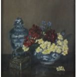 Early 20th Century Still Life of Summer Flowers in a Chinese Bowl, Oil on board, Signed with