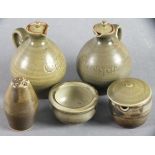 Leach Pottery St Ives, celadon glazed standard ware oil and vinegar vessels, of lidded bulbous form,