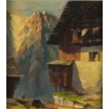 20th Century Swiss School Chalet in a Mountainous Landscape, Oil on board, Indistinctly signed and