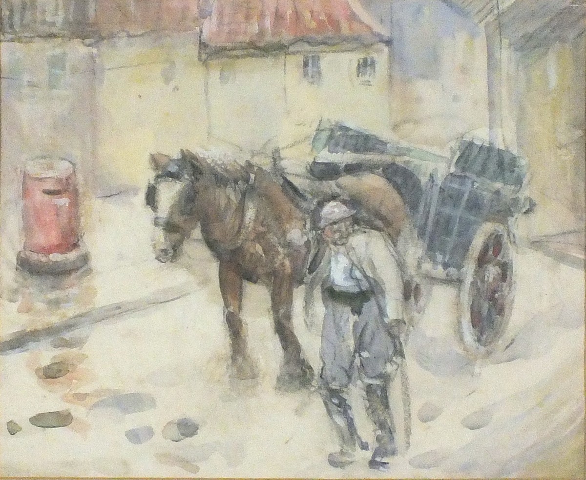 Early 20th Century French School Figure with a Horse and Cart, Charcoal and watercolour, 10.25" x