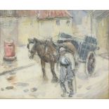 Early 20th Century French School Figure with a Horse and Cart, Charcoal and watercolour, 10.25" x