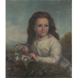 19th Century English School, Portrait of a young girl with a basket of flowers, Oil on canvas, 24" x