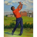 Brian JAY (British 20th Century) Seve Ballesteros - Old Course St Andrews, Oil on Canvas, Signed and