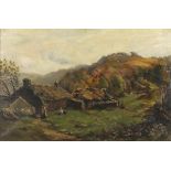 19th Century British School Figures Outside a Cottage in the Welsh Mountains, Oil on canvas, 15.