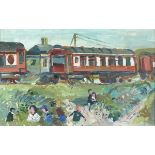 Fred YATES (British 1922-2008) The Holiday Carriages - Pulman coaches at Marazion sidings , Oil on