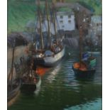 Clifford HANNEY (British 1890-1990) Fishing boats alongside, Polperro Harbour, Oil on canvas, Signed