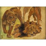 Thomas BLINKS (British 1860 - 1912) A Study of Lions and Lioness, Oil on board, Signed with initials