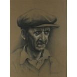 Peter BURNS (British 20th Century) Portrait of a Gentleman Wearing a Flat Cap, Charcoal and chalk on