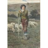 Sylvia MEYER (19th Century Austrian) Goatherd with his Charge in a Landscape, Watercolour, Signed