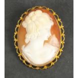 An oval cameo brooch in 9ct mount, depicting an elegant lady with ringlet hair, 4.5cm high, 11g