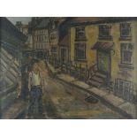 I* E* HORTON (20th Century) Adolescent in a Desolate Street, Oil on board, Inscribed verso, 18" x