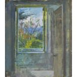 Pat ALGAR (British 1939-2013) View of the garden through a window, Oil on board, Unframed, 16" x 14"